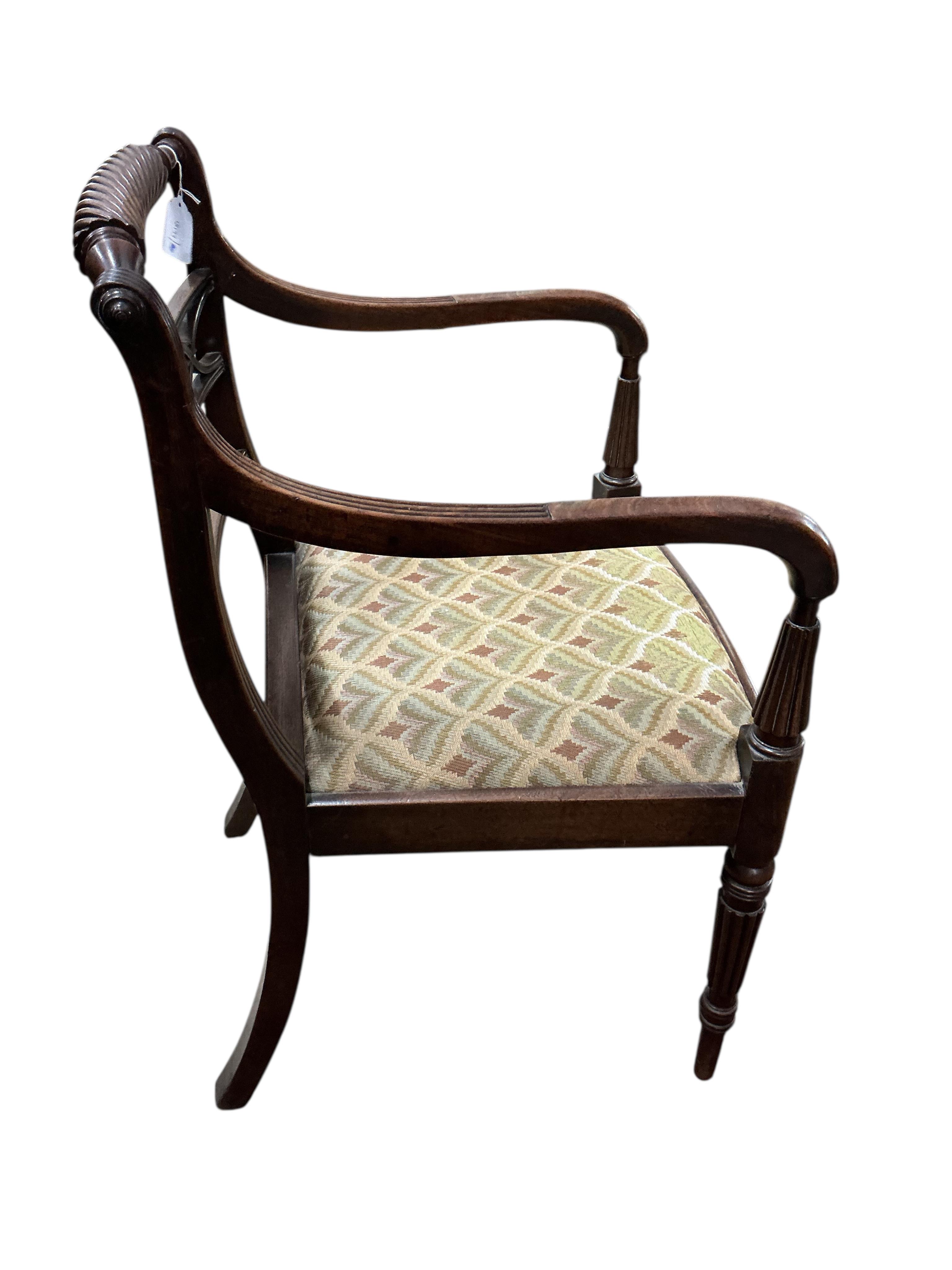 A Regency mahogany elbow chair, width 51cm, depth 46cm, height 87cm